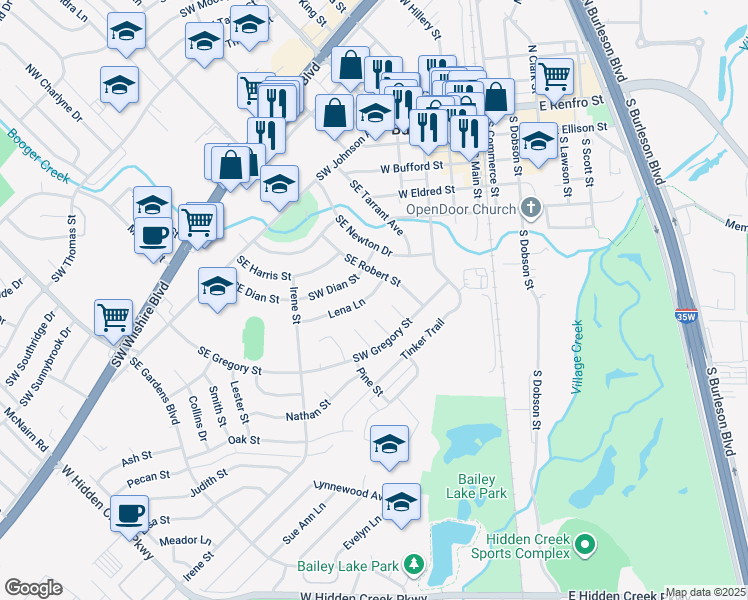 map of restaurants, bars, coffee shops, grocery stores, and more near 317 Lena Lane in Burleson