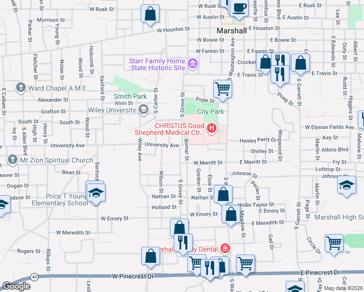 map of restaurants, bars, coffee shops, grocery stores, and more near 412 University Avenue in Marshall