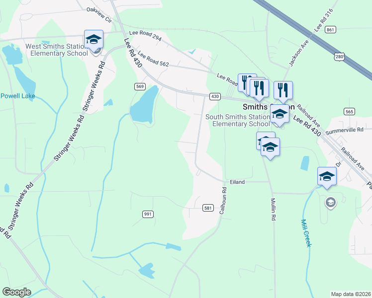 map of restaurants, bars, coffee shops, grocery stores, and more near 234-498 Eiland in Smiths Station
