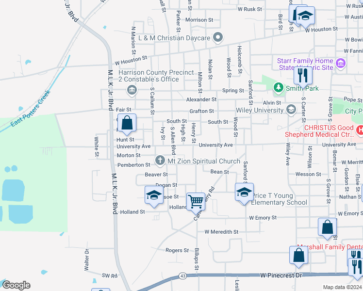 map of restaurants, bars, coffee shops, grocery stores, and more near 1905 University Avenue in Marshall