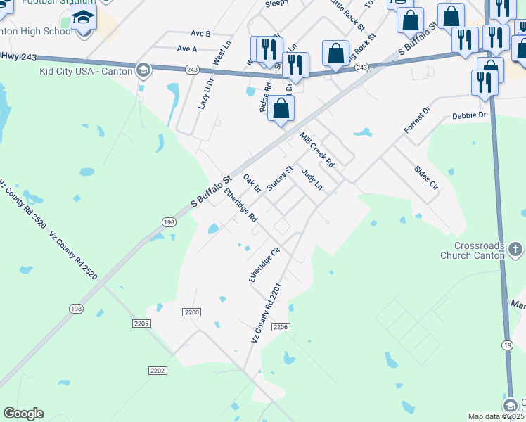 map of restaurants, bars, coffee shops, grocery stores, and more near 1815 Oak Circle in Canton