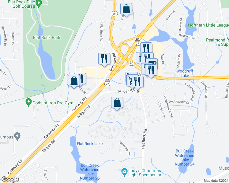 map of restaurants, bars, coffee shops, grocery stores, and more near 6321 Milgen Road in Columbus