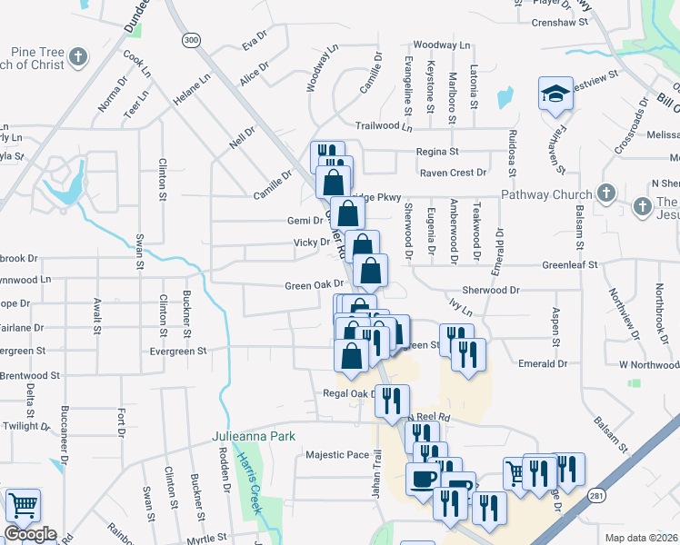 map of restaurants, bars, coffee shops, grocery stores, and more near 2701 Gilmer Road in Longview