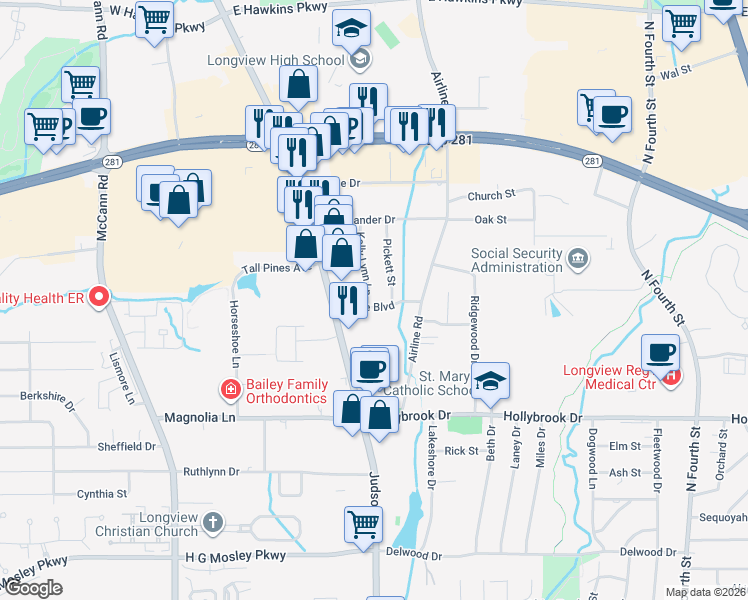 map of restaurants, bars, coffee shops, grocery stores, and more near 2303 Kelly Lynn Lane in Longview