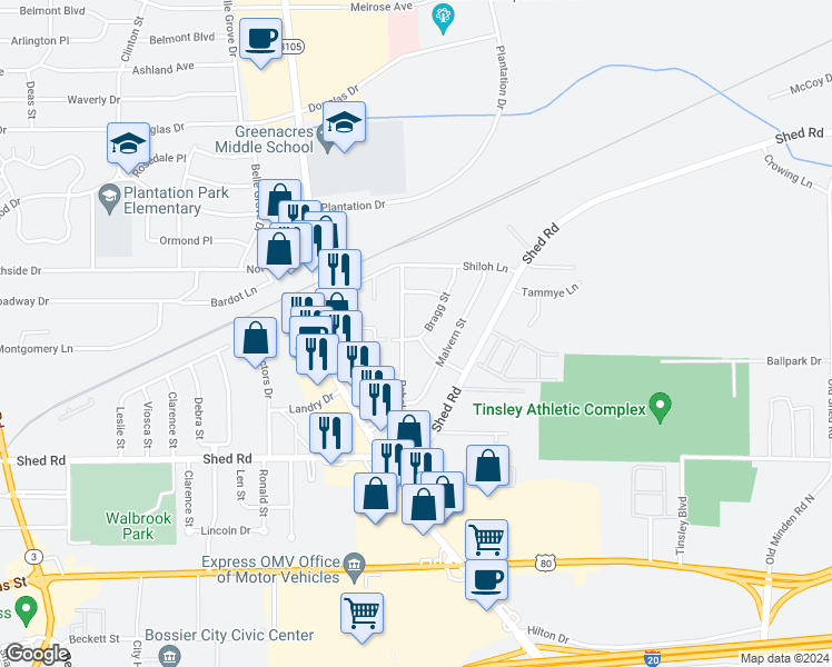 map of restaurants, bars, coffee shops, grocery stores, and more near 3003 Bragg Street in Bossier City