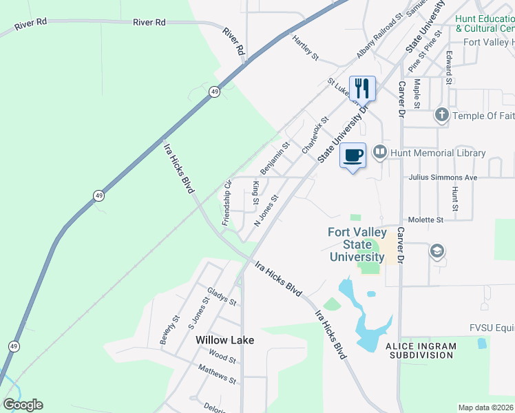 map of restaurants, bars, coffee shops, grocery stores, and more near 108 King Street in Fort Valley