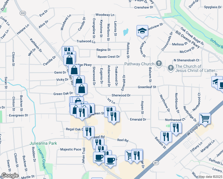 map of restaurants, bars, coffee shops, grocery stores, and more near 312 Greenleaf Street in Longview