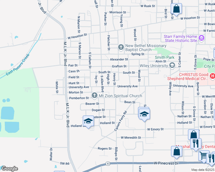 map of restaurants, bars, coffee shops, grocery stores, and more near 1905 University Avenue in Marshall