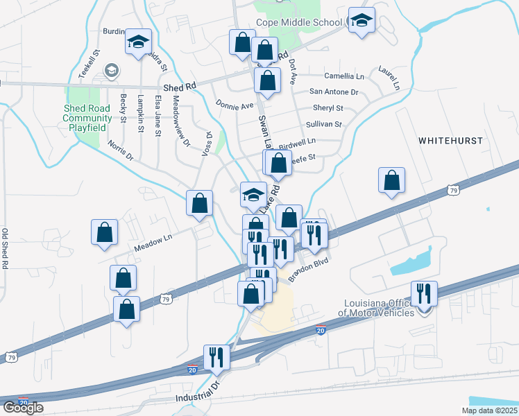 map of restaurants, bars, coffee shops, grocery stores, and more near 1022 Ann Scott Circle in Bossier City