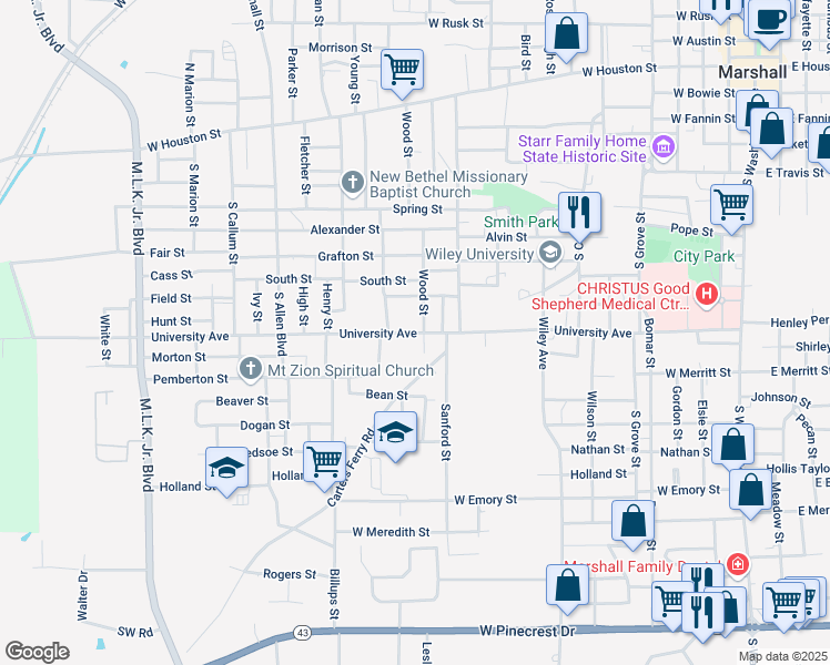 map of restaurants, bars, coffee shops, grocery stores, and more near University Avenue in Marshall