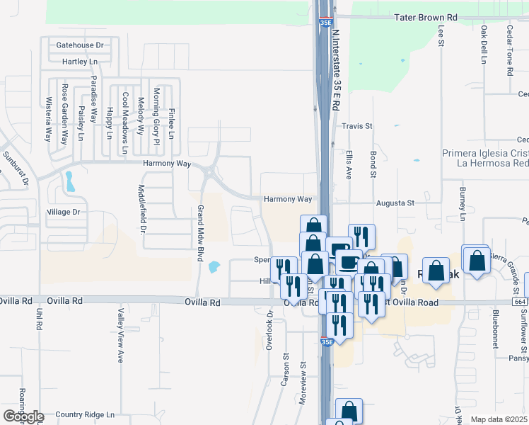 map of restaurants, bars, coffee shops, grocery stores, and more near 241 Overlook Drive in Red Oak