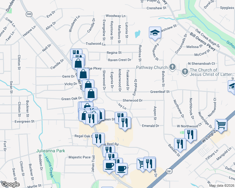 map of restaurants, bars, coffee shops, grocery stores, and more near 308 Greenleaf Street in Longview