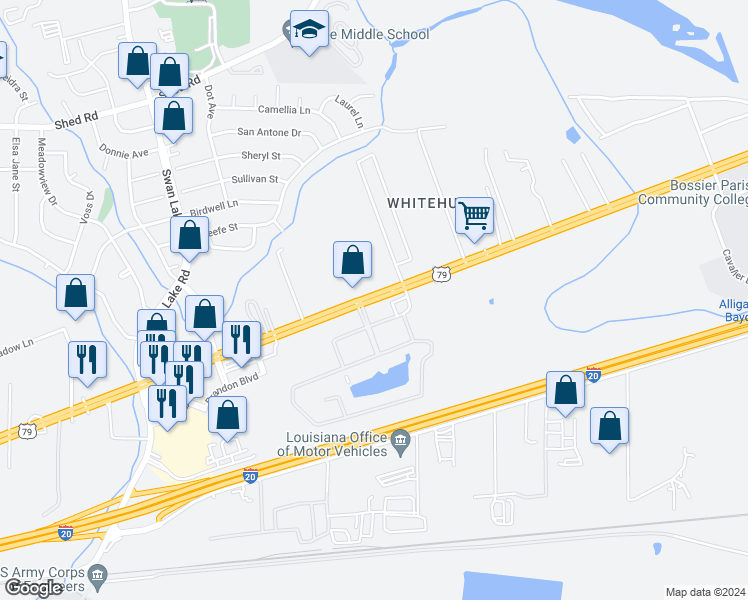 map of restaurants, bars, coffee shops, grocery stores, and more near 5200 U.S. 80 in Bossier City