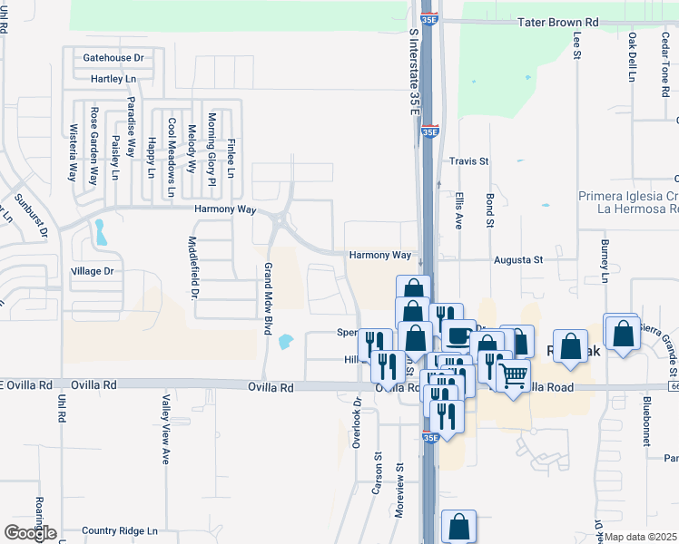 map of restaurants, bars, coffee shops, grocery stores, and more near 206 Sperry Lane in Red Oak
