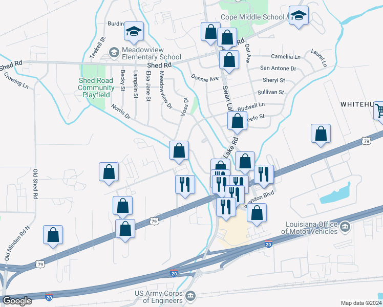 map of restaurants, bars, coffee shops, grocery stores, and more near 1027 Norris Drive in Bossier City