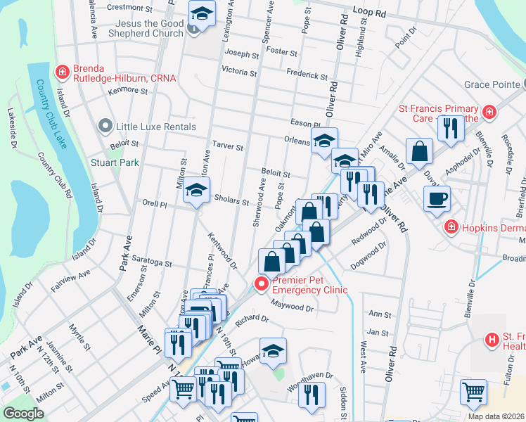 map of restaurants, bars, coffee shops, grocery stores, and more near 1915 Sherwood Avenue in Monroe