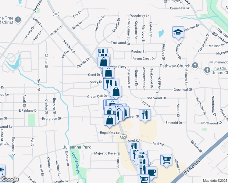 map of restaurants, bars, coffee shops, grocery stores, and more near 2700 Gilmer Rd in Longview