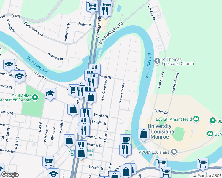 map of restaurants, bars, coffee shops, grocery stores, and more near 1515 Filhiol Avenue in Monroe