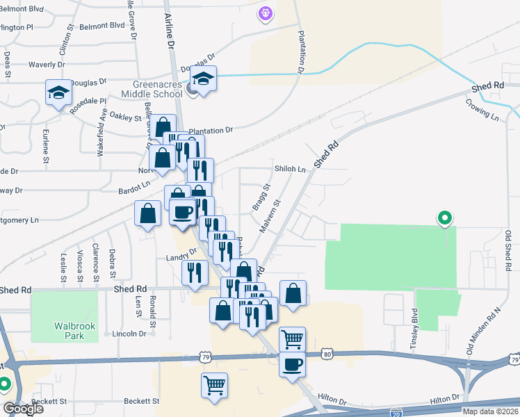 map of restaurants, bars, coffee shops, grocery stores, and more near 3104 Bragg Street in Bossier City
