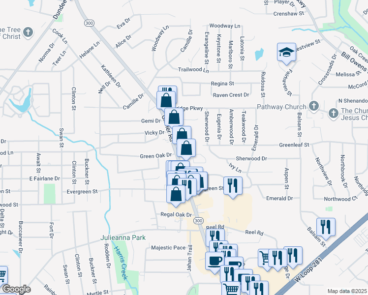 map of restaurants, bars, coffee shops, grocery stores, and more near 2700 Gilmer Rd in Longview