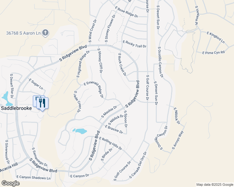 map of restaurants, bars, coffee shops, grocery stores, and more near 37513 South Desert Star Court in Tucson