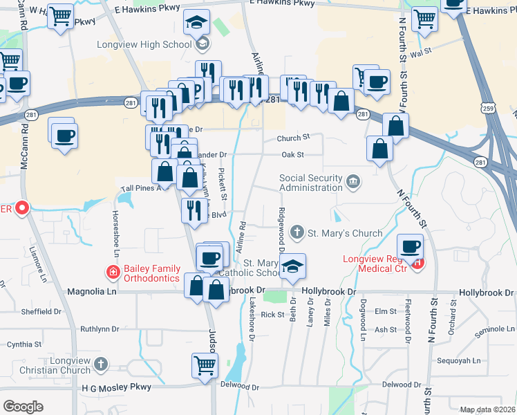 map of restaurants, bars, coffee shops, grocery stores, and more near 5 Finch Drive in Longview