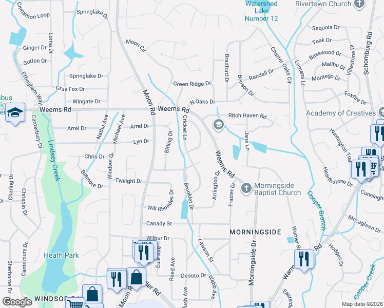map of restaurants, bars, coffee shops, grocery stores, and more near 6318 Cricket Lane in Columbus