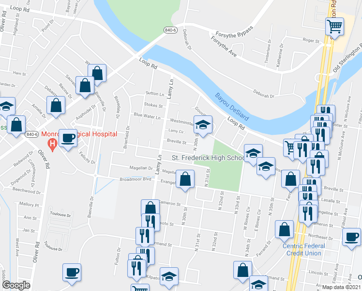 map of restaurants, bars, coffee shops, grocery stores, and more near 2900 Breville Street in Monroe
