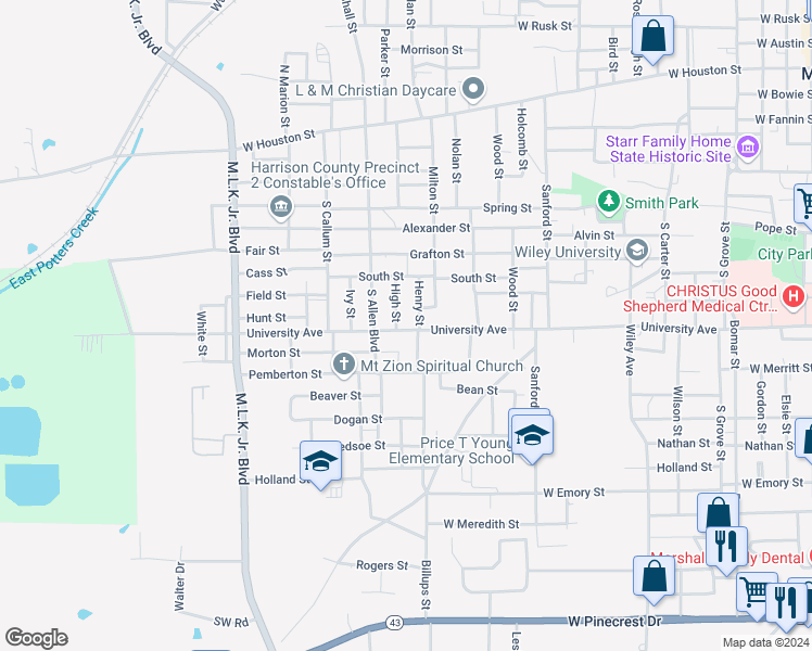 map of restaurants, bars, coffee shops, grocery stores, and more near 1905 University Avenue in Marshall