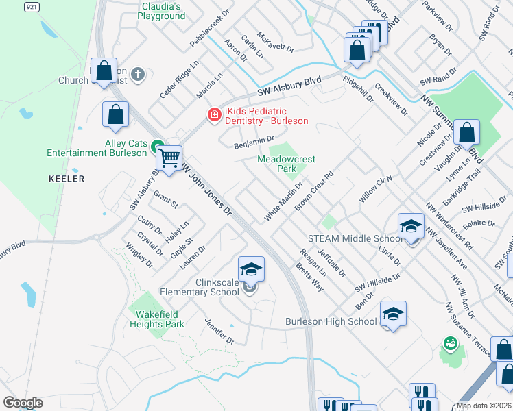 map of restaurants, bars, coffee shops, grocery stores, and more near 717 Flounder Drive in Burleson