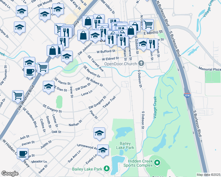 map of restaurants, bars, coffee shops, grocery stores, and more near 212 Southwest Gregory Street in Burleson