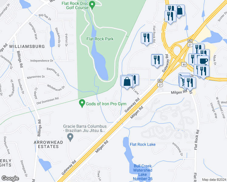 map of restaurants, bars, coffee shops, grocery stores, and more near 6233 Cross Tie Court in Columbus