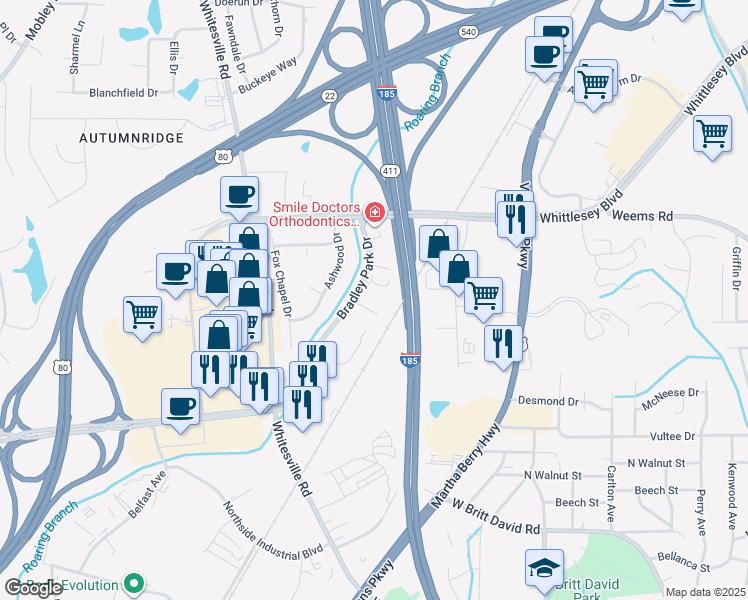map of restaurants, bars, coffee shops, grocery stores, and more near 6310 Bradley Park Drive in Columbus