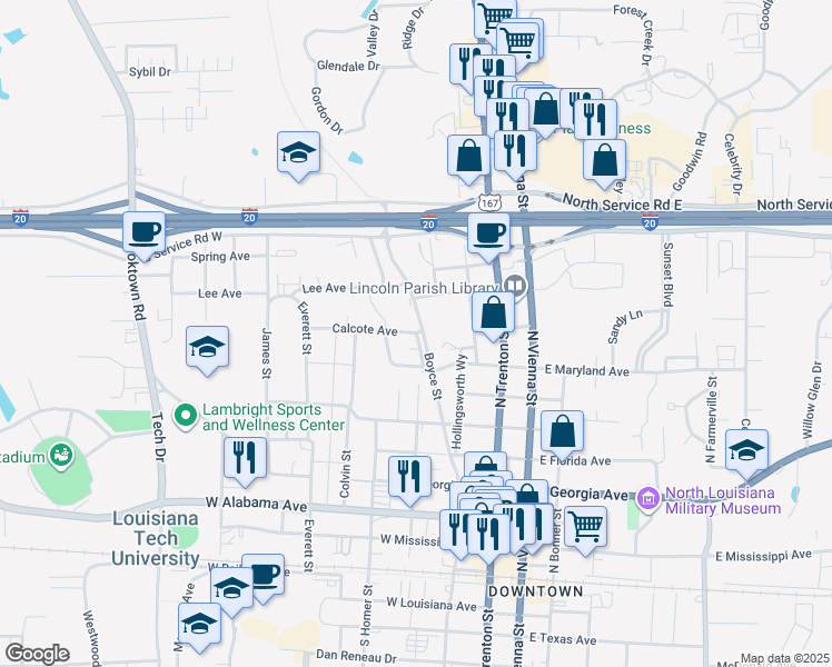 map of restaurants, bars, coffee shops, grocery stores, and more near 401 Calcote Avenue in Ruston