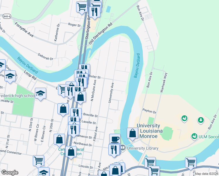 map of restaurants, bars, coffee shops, grocery stores, and more near 1601 University Ave in Monroe