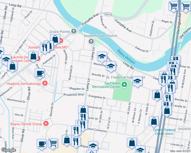 map of restaurants, bars, coffee shops, grocery stores, and more near 2806 Breville Street in Monroe
