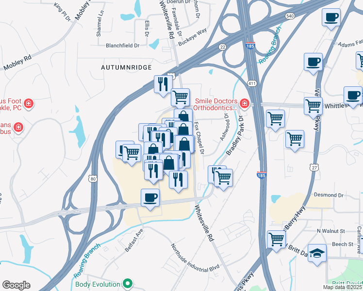 map of restaurants, bars, coffee shops, grocery stores, and more near 6401 Whitesville Road in Columbus