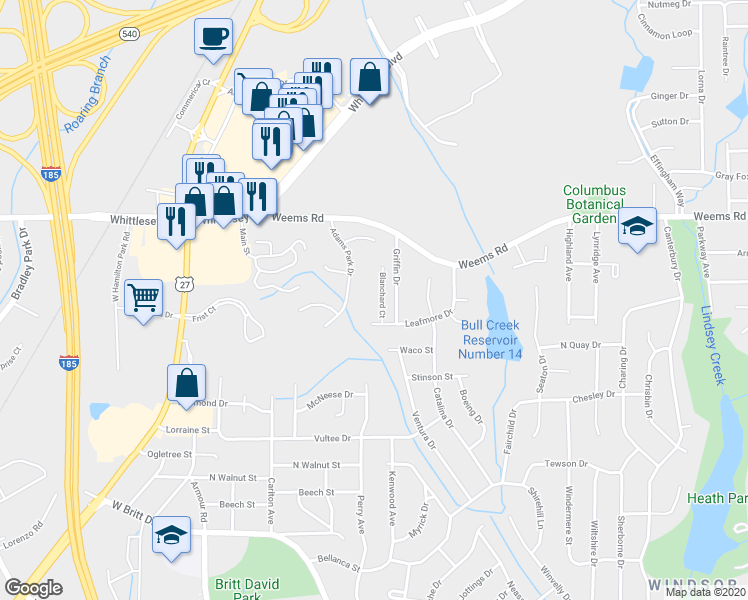 map of restaurants, bars, coffee shops, grocery stores, and more near 6327 Blanchard Court in Columbus