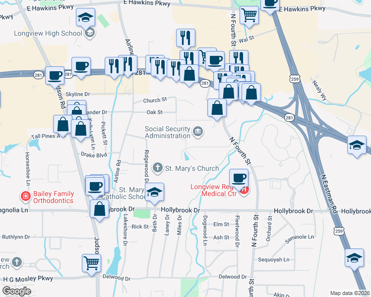 map of restaurants, bars, coffee shops, grocery stores, and more near 617 Clinic Drive in Longview