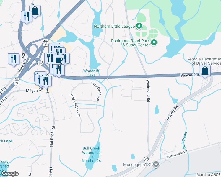 map of restaurants, bars, coffee shops, grocery stores, and more near 6491 Woodbriar Lane in Columbus
