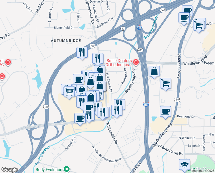 map of restaurants, bars, coffee shops, grocery stores, and more near 6401 Whitesville Road in Columbus