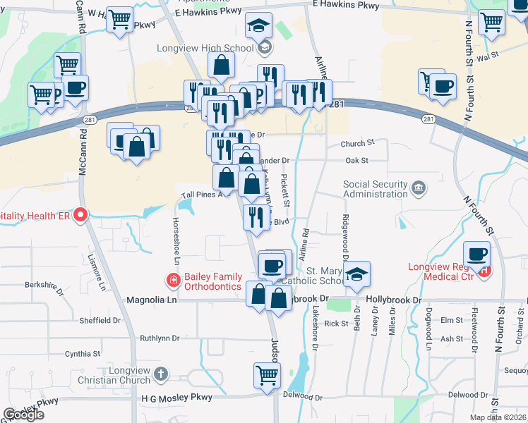 map of restaurants, bars, coffee shops, grocery stores, and more near 2303 Kelly Lynn Ln in Longview
