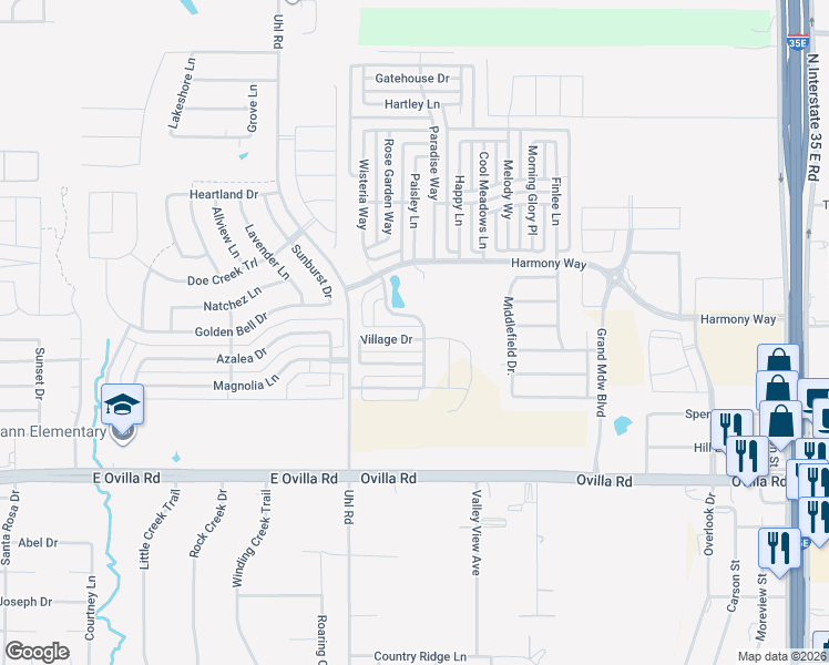map of restaurants, bars, coffee shops, grocery stores, and more near 302 Village Dr in Red Oak