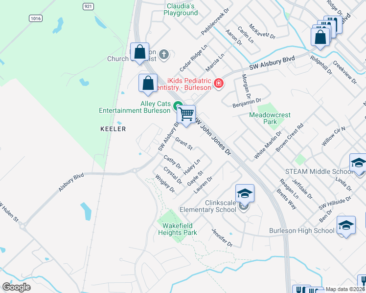 map of restaurants, bars, coffee shops, grocery stores, and more near 851 Grant Street in Burleson