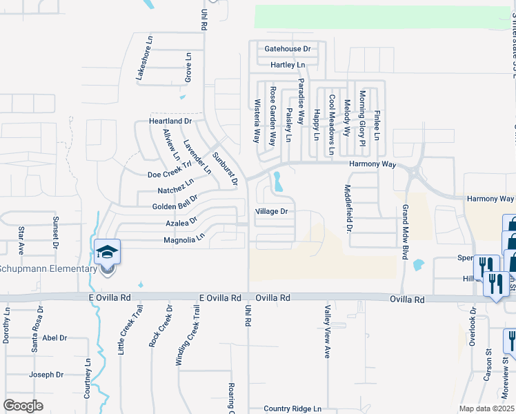 map of restaurants, bars, coffee shops, grocery stores, and more near 326 Village Drive in Red Oak