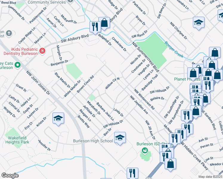 map of restaurants, bars, coffee shops, grocery stores, and more near 916 Jayellen Court in Burleson