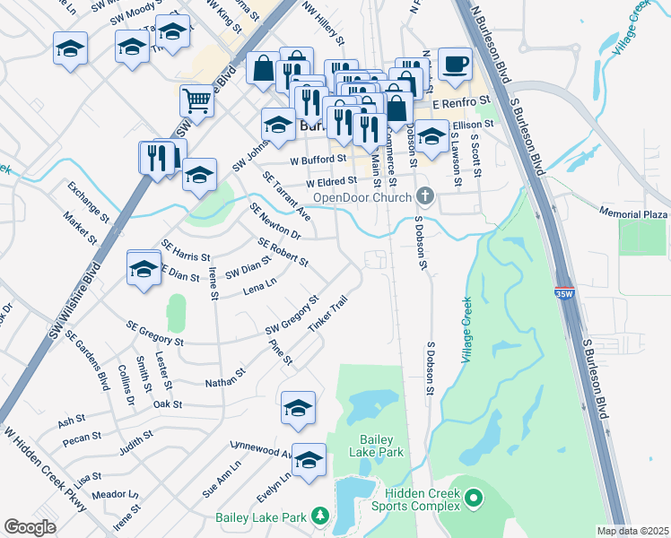 map of restaurants, bars, coffee shops, grocery stores, and more near 212 Southwest Gregory Street in Burleson