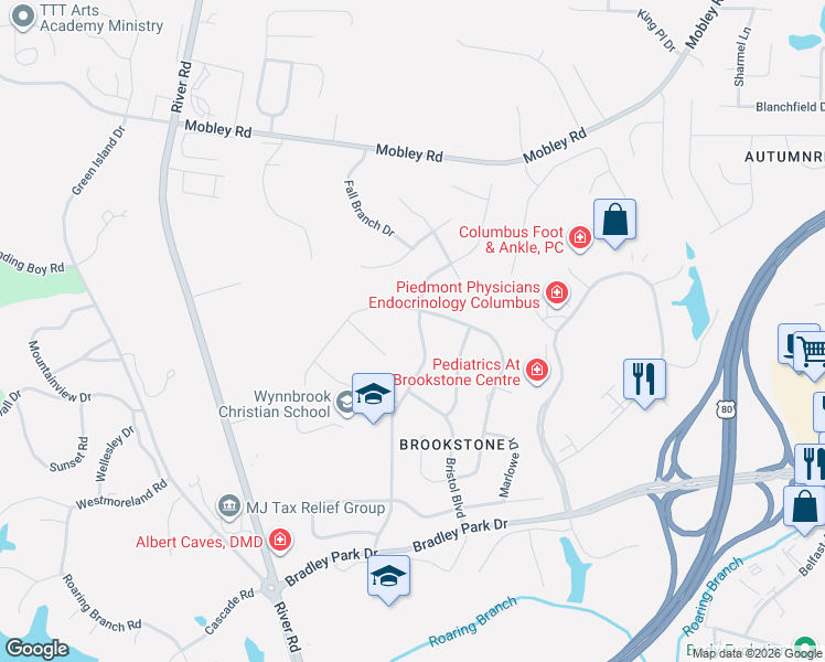 map of restaurants, bars, coffee shops, grocery stores, and more near 6263 Brookstone Boulevard in Columbus