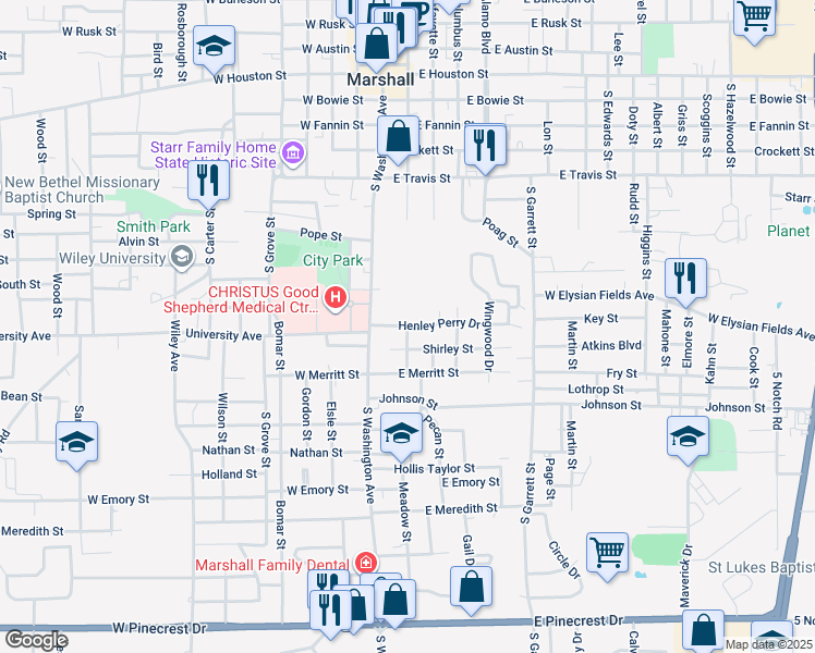 map of restaurants, bars, coffee shops, grocery stores, and more near 200 Henley Perry Drive in Marshall