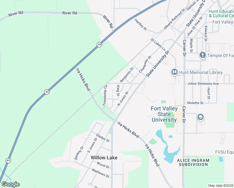 map of restaurants, bars, coffee shops, grocery stores, and more near 108 King Street in Fort Valley